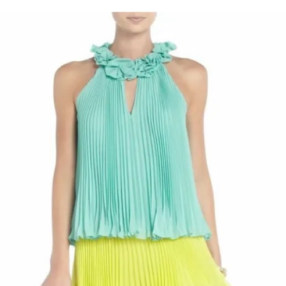 BCBGMaxAzria Cabella chiffon pleated top with flower appliqué light aqua - Picture 1 of 6